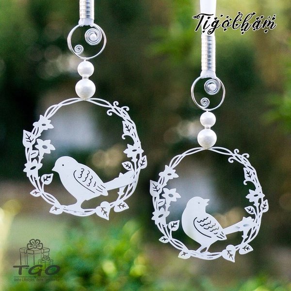 Fensterdeko Ring mit Vogel aus Metall weiß 15x70cm mit Perlen Aluminiumdraht