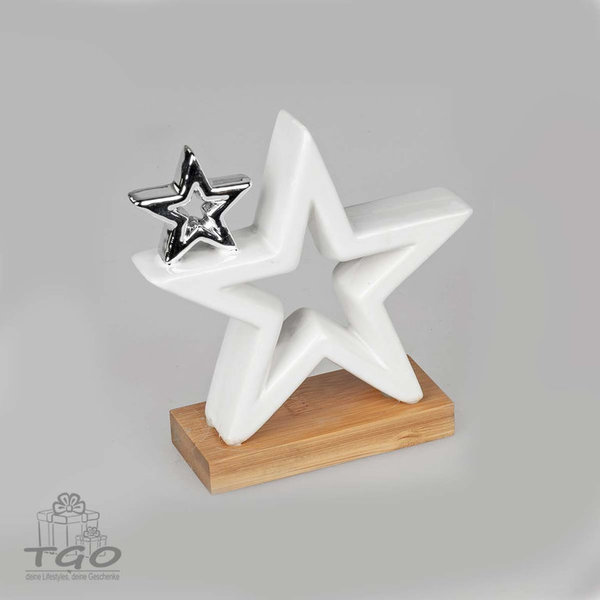 Formano Skulptur Stern mit kleine Stern auf Holz-Sockel aus Steingut