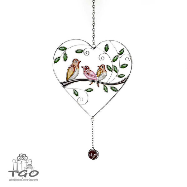 Formano Fensterdeko Herz mit Vögel  40x19cm aus Metall mit farbigem Acryl in Tiffany-Optik