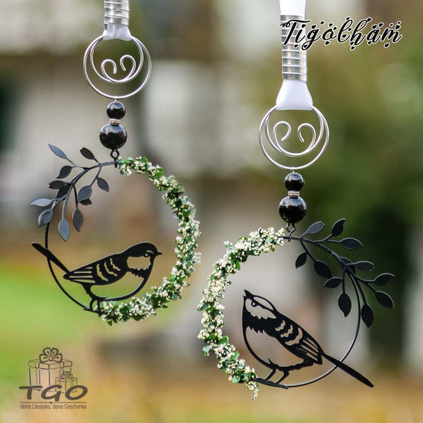 Fensterdeko 2er- Set Vogel im Ring aus Metall schwarz 11x70cm mit Perlen Aludraht
