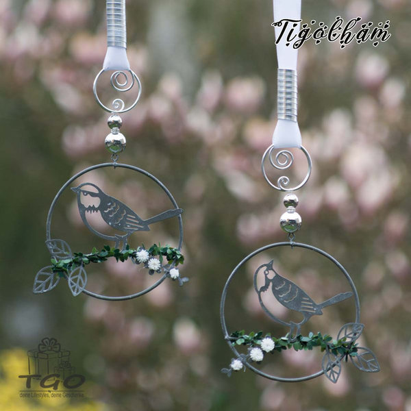 Fensterdeko Hänger 2er- Set Vogel im Ring grau mit Perlen, Aludraht, Band